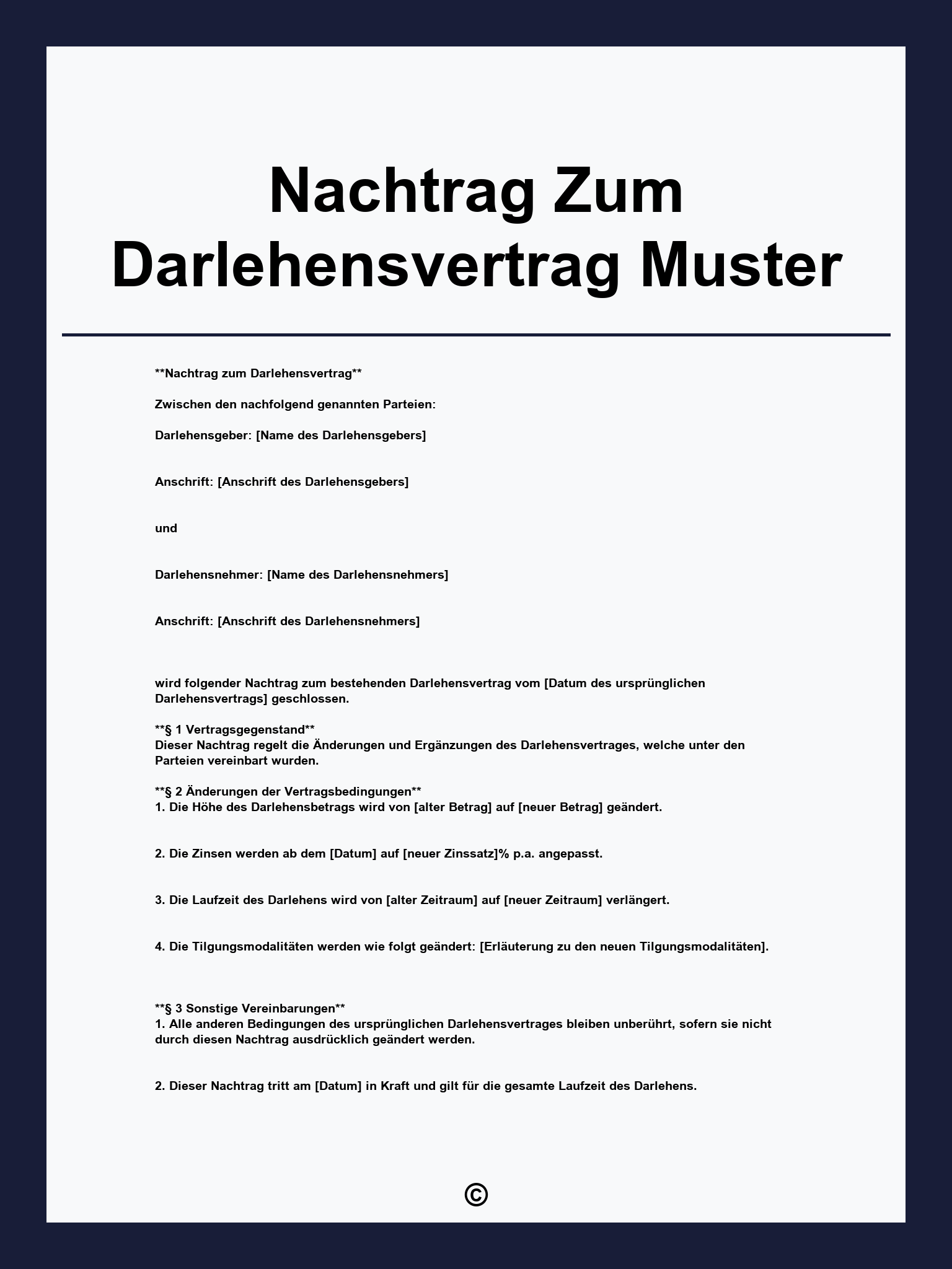 Nachtrag Zum Darlehensvertrag Muster