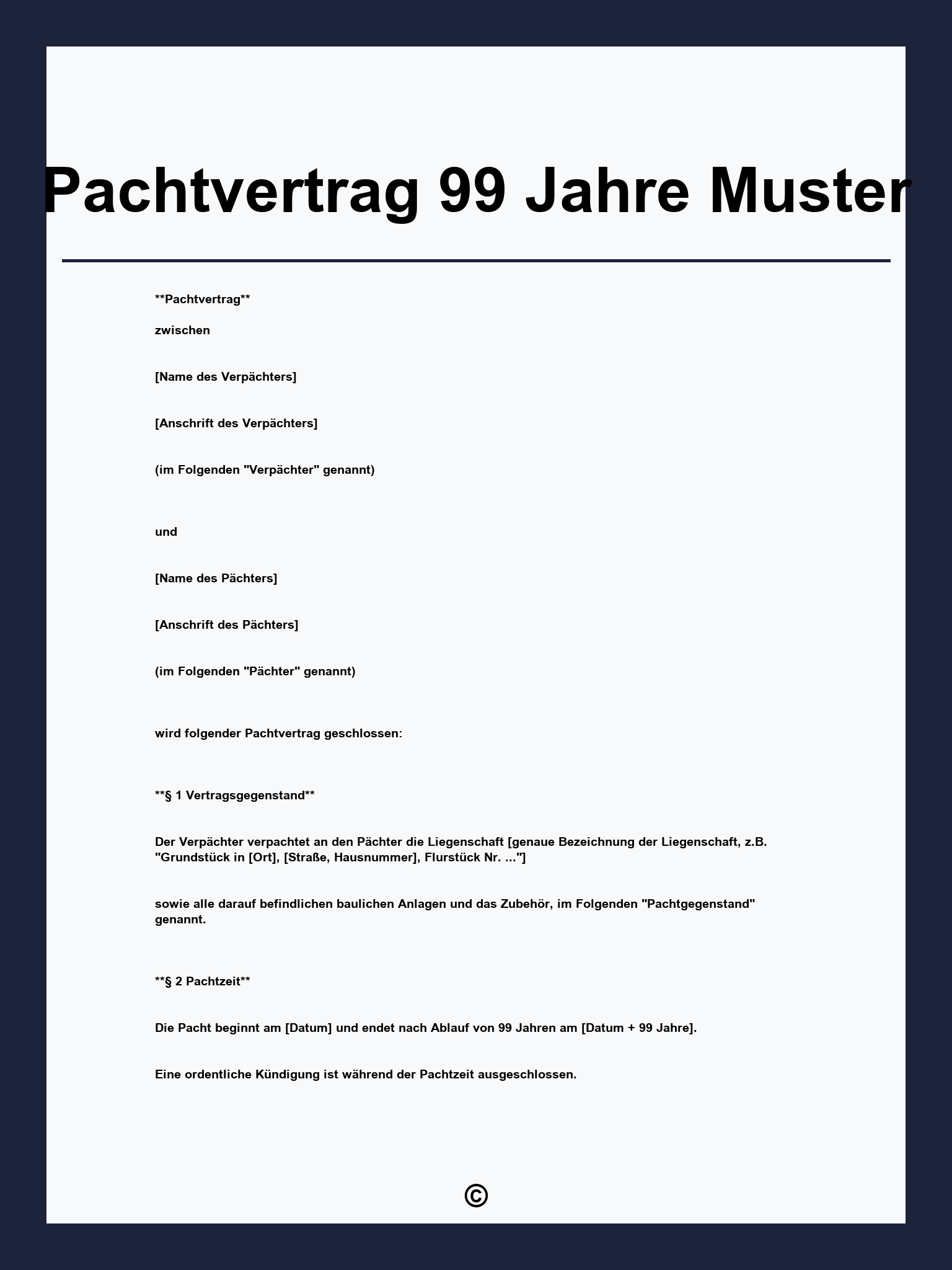 Pachtvertrag 99 Jahre Muster