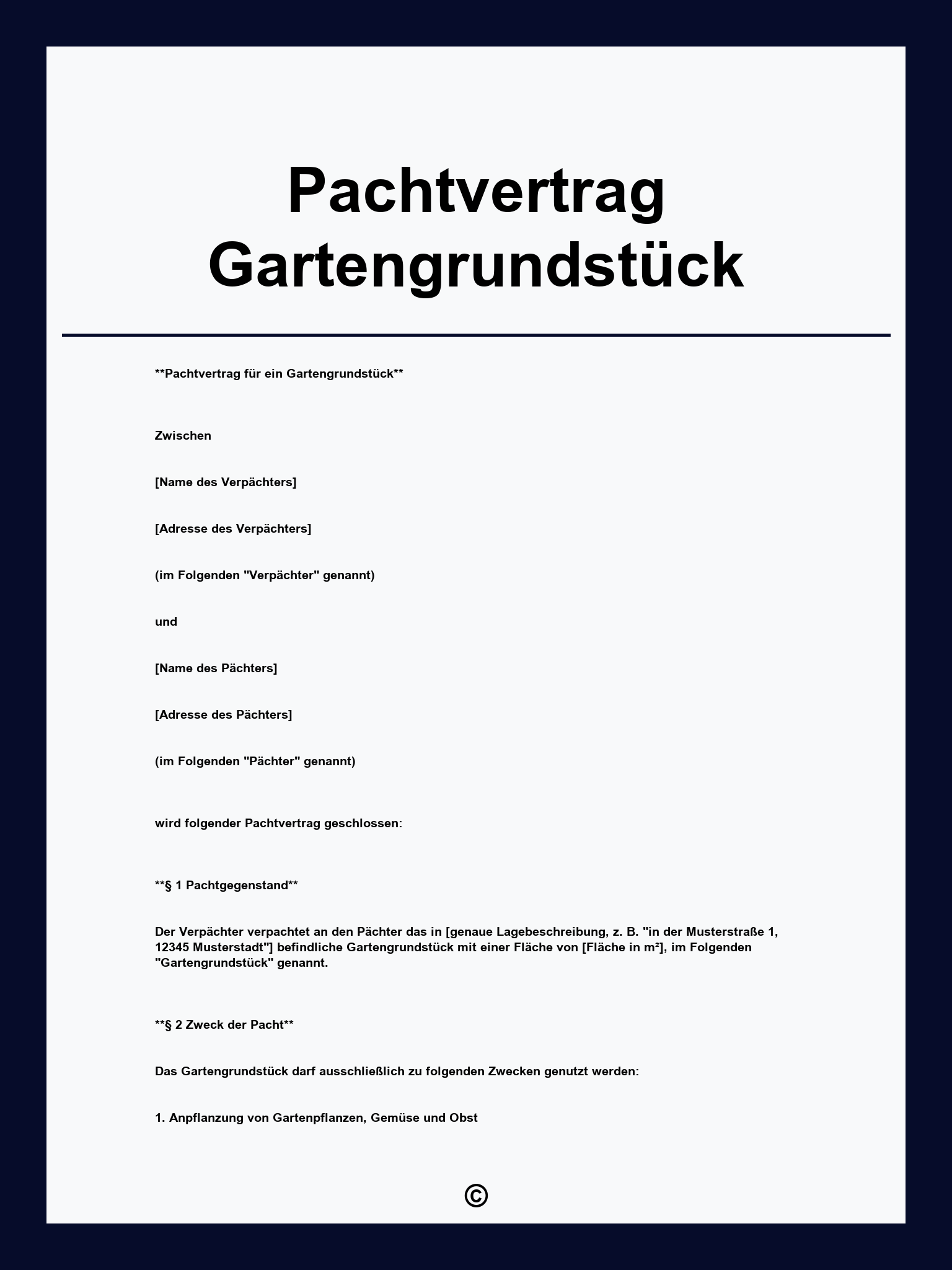 Pachtvertrag Gartengrundstück