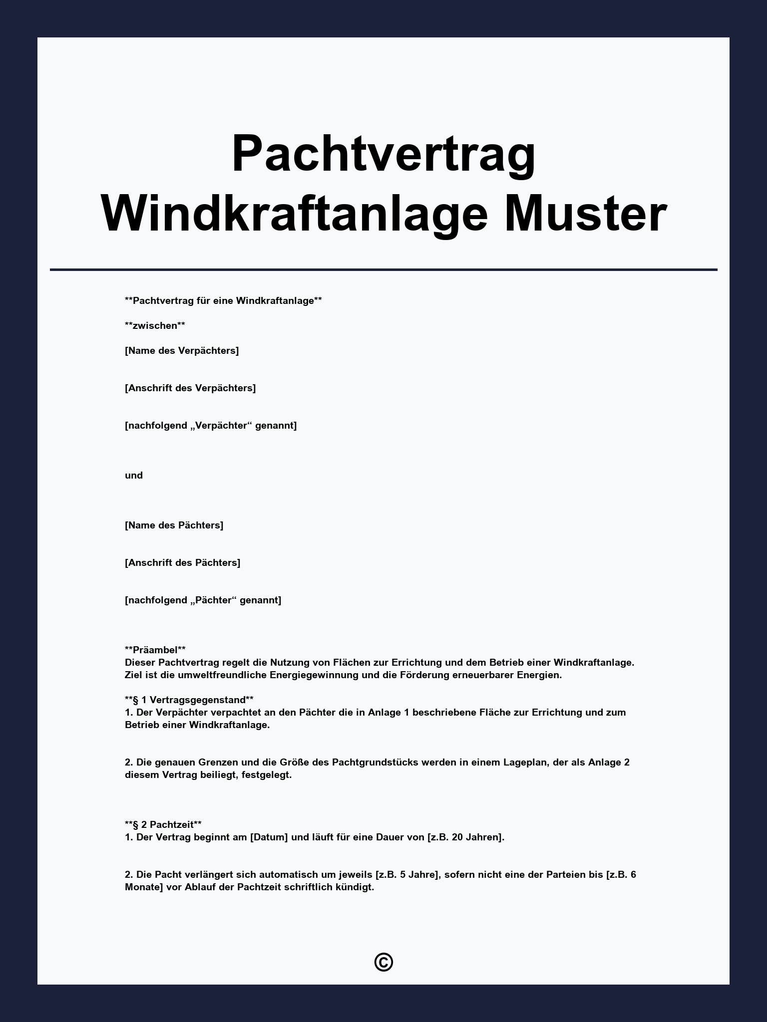 Pachtvertrag Windkraftanlage Muster